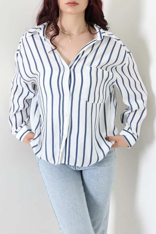Çizgili Oversize Tensel Gömlek Lacibeyaz - 7632.1437.