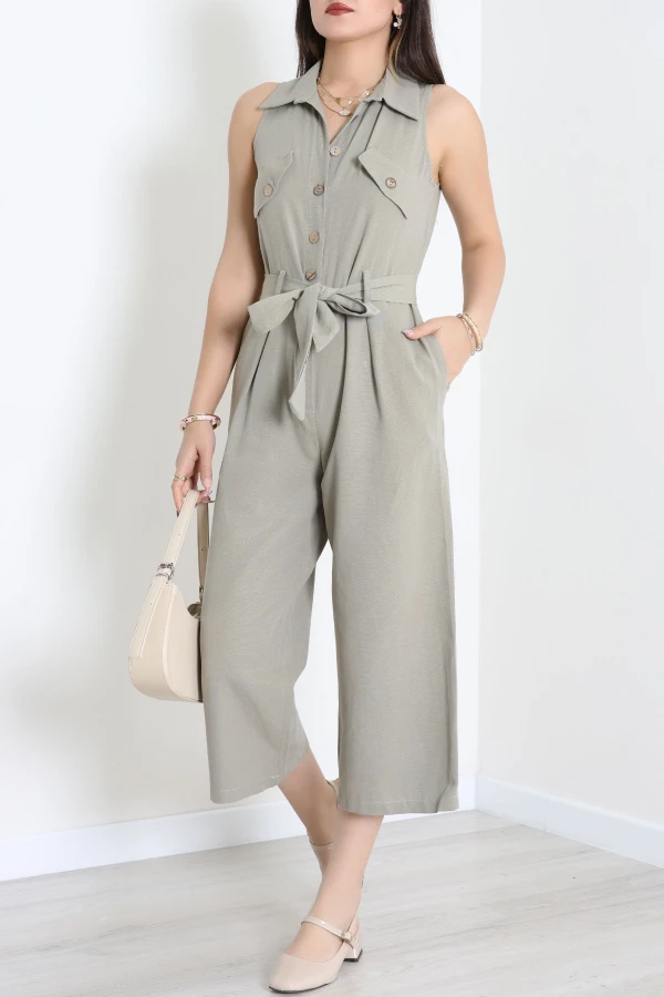 Bağlamalı Keten Tulum Haki - 7946.1437.