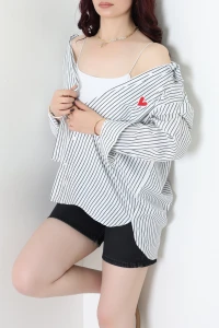 Çizgili Kalp Detaylı Gömlek Beyaz - 8073.1437.