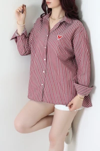 Çizgili Kalp Detaylı Gömlek Bordo - 8073.1437.