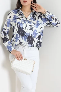 Desenli Saten Gömlek İndigo - 8106.1437.