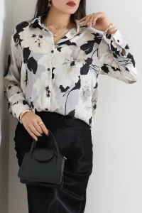 Desenli Saten Gömlek Krem - 8106.1437.