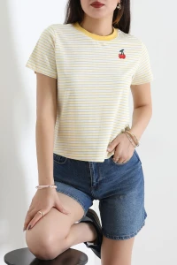 Baskılı Çizgili Tişört Sarı - 8196.1437.