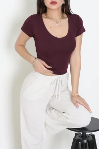 U Yaka Ribana Crop Tişört Mürdüm - 22109.200.