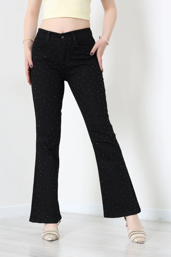 Taşlı İspanyol Paça Kot Pantolon Siyah - 32763.2088.
