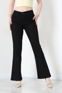 Taşlı İspanyol Paça Kot Pantolon Siyah - 32763.2088.