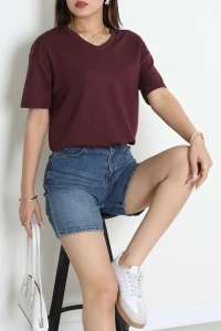 V Yaka Oversize Modal Tişört Bordo - 55186.1872.