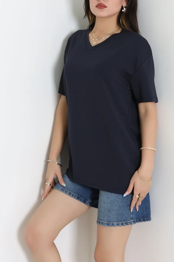 V Yaka Oversize Modal Tişört Lacivert - 55186.1872.