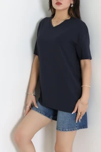 V Yaka Oversize Modal Tişört Lacivert - 55186.1872.