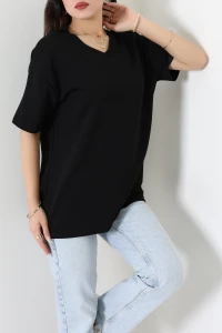V Yaka Oversize Modal Tişört Siyah - 55186.1872.
