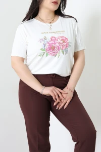 Çiçek Baskılı Büyük Beden Viskon Bluz Ekru - 71474.1990.