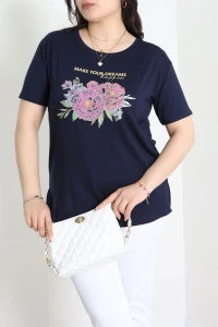 Çiçek Baskılı Büyük Beden Viskon Bluz Lacivert - 71474.1990.