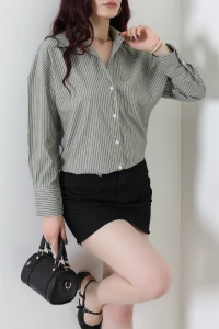 Çizgili Poplin Gömlek Haki - 7483.1437.