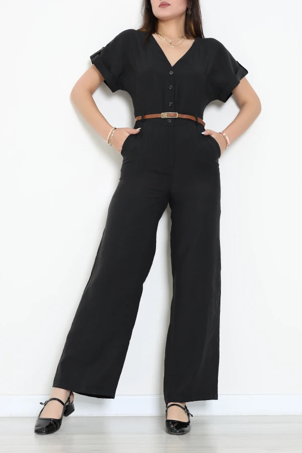 Dokuma Modal Kumaş Kemerli Tulum  Siyah - 7811.1437.