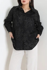 Brodeli Oversize Gömlek Siyah - 7982.1437.