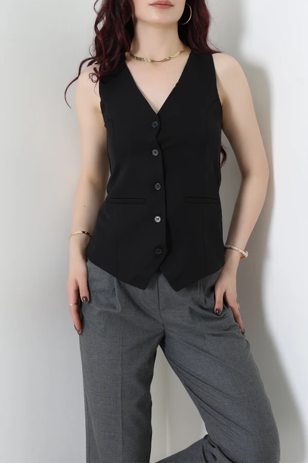 Düğmeli Poliviskon Yelek Siyah - 8161.1437.