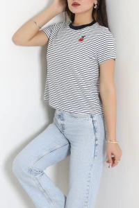 Baskılı Çizgili Tişört Lacivert - 8196.1437.