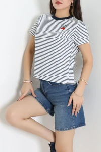 Baskılı Çizgili Tişört Siyah - 8196.1437.