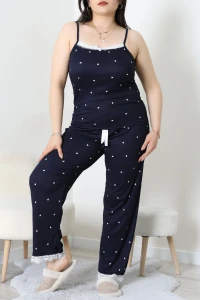 Battal İp Askılı Dantelli Alt Uzun Pijama Takım Lacivert - 169.1287.