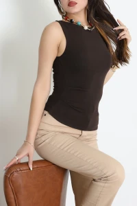 Kayık Yaka Önü Asimetrik Ribana Atlet Kahve - 22050.200.