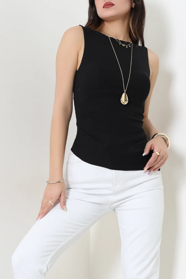 Kayık Yaka Önü Asimetrik Ribana Atlet Siyah - 22050.200.