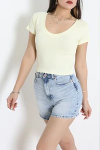 U Yaka Ribana Crop Tişört Sarı - 22109.200.