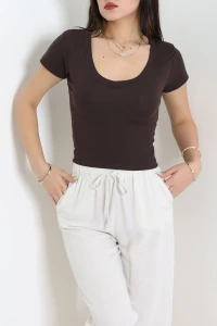 U Yaka Ribana Crop Tişört Kahve - 22109.200.