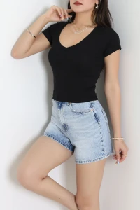 U Yaka Ribana Crop Tişört Siyah - 22109.200.