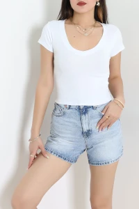 U Yaka Ribana Crop Tişört Beyaz - 22109.200.