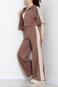 2 İplik Keten Şeritli Fermuarlı Eşofman Takımı Kahve - 43970.1857.