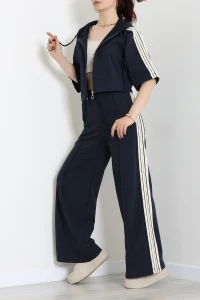 2 İplik Keten Şeritli Fermuarlı Eşofman Takımı Lacivert - 43970.1857.