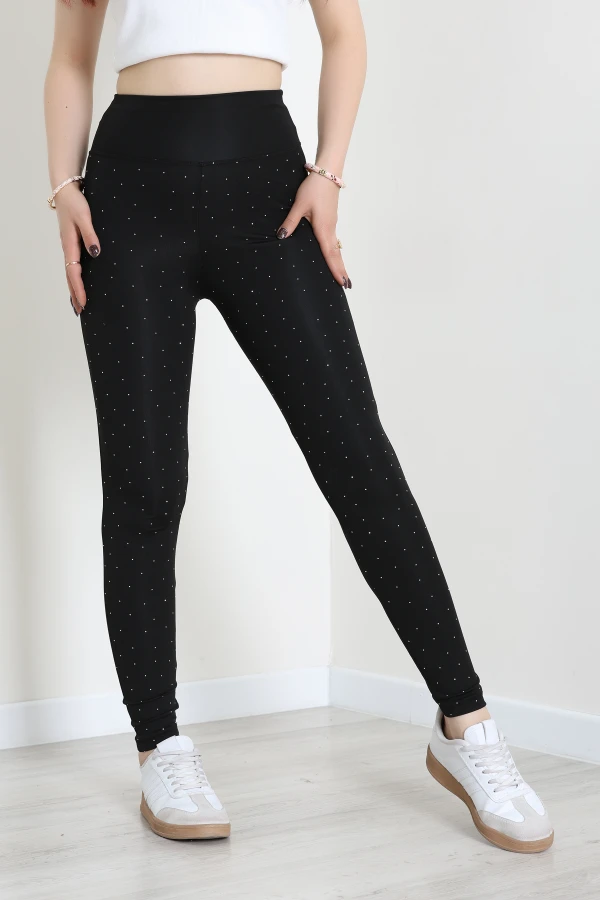 Geniş Kemer Taşlı Dalgıç Tayt Siyah - 44037.1098.