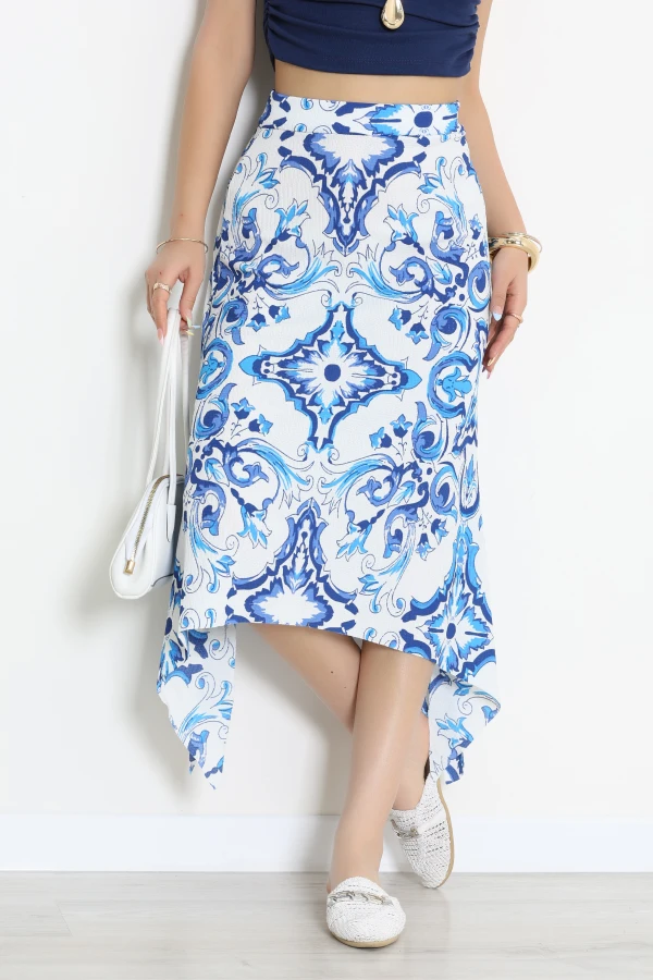Asimetrik Desenli Bürümcük Etek Mavi - 44049.1355.