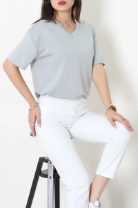 V Yaka Oversize Modal Tişört Gri - 55186.1872.