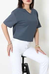 V Yaka Oversize Modal Tişört Füme - 55186.1872.