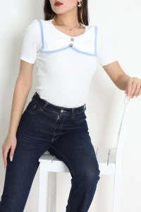 Bisiklet Yaka Düğme Detaylı Bluz Ekru - 70731.1960.