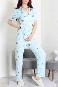 Milan Kumaş Düğmeli Pijama Takımı Suyeşili - 750.1287.