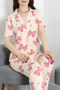 Milan Kumaş Düğmeli Pijama Takımı Bejkurdele - 750.1287.