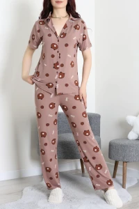 Milan Kumaş Düğmeli Pijama Takımı Kahverengi - 750.1287.