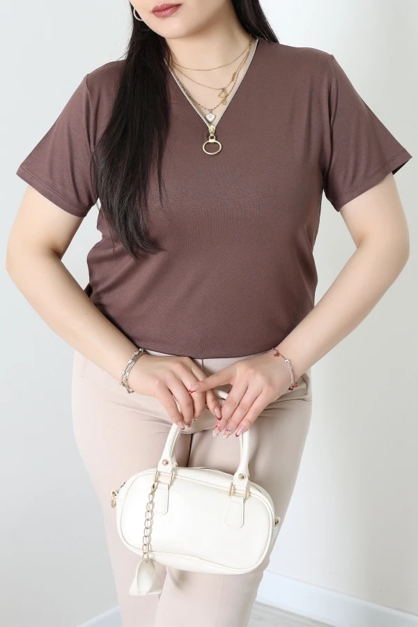 Fermuar Yaka Battal Viskon Bluz Kahve - 70906.1969.