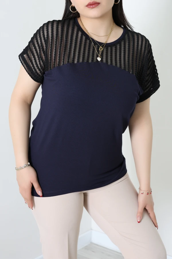 Omuz Transparan Detaylı Viskon Bluz Lacivert - 70917.1969.