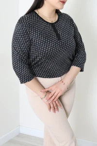 Büyük Beden Desenli Turlu Viskon Bluz Lacivert - 71093.1954.