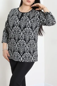 Büyük Beden Desenli Turlu Viskon Bluz Siyahekru - 71093.1954.
