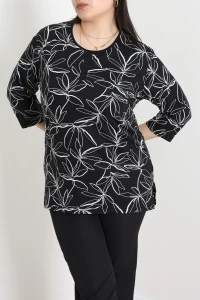 Büyük Beden Desenli Turlu Viskon Bluz Siyah - 71093.1954.