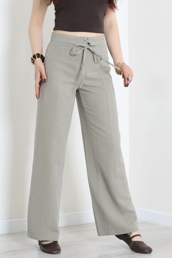 Bağlamalı Poliviskon Palazzo Pantolon Haki - 7820.1437.