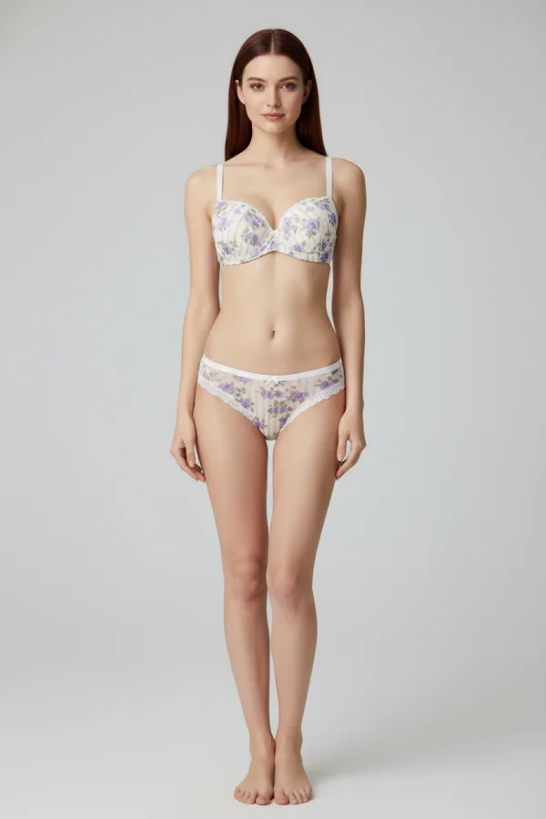 Çiçek Baskılı Dikine Flok Çizgili Takım Boş Ekru - 2565-B.1783.