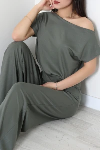 Kayık Yaka Modal Kumaş Kısa Kollu İkili Takım Haki - 55093.1567.