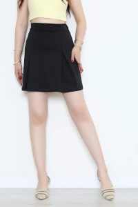 Double Krep Kumaş Çift Pileli Mini Etek Siyah - 42797.1567.