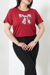 Kurdele Baskı Taşlı Büyük Beden Viskon Bluz Bordo - 71626.1969.