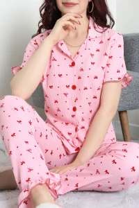 Bürümcük Fırfırlı Pijama Takımı Pembekırmızı - 52316.1048.